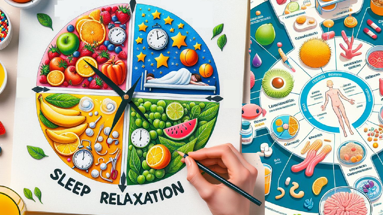 une horloge en 4 parties avec des aliments sains, les mots slepp et relaxation viennent d'être écrit par une main qui tient un crayon, en fond une affiche avec les aliments sains
