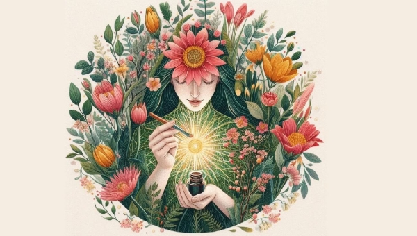 une femme entourée de fleurs, puise son énergie dans un petit flacon
