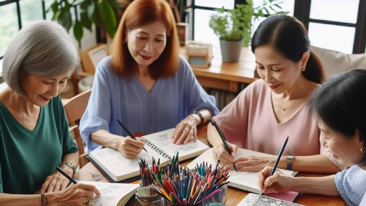 pluiseurs femmes écrivant et dessinant  un carnet  pour créer un journal