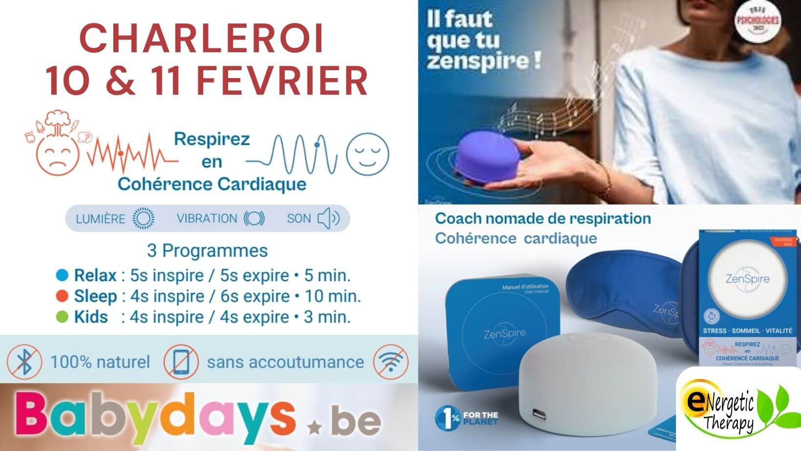 une affiche de présentation du Zenspire un appareil de respiration, avec les dates du salon babydays à Charleroi les 10 et 11 février 2024